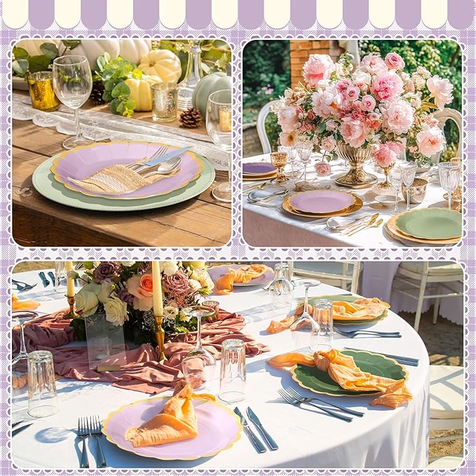 96 Pcs Sage Green Purple Paper Plates 9 Inch Lavender Scalloped Paper Disposable Dinner Dessert Plates for Birthday Wedding Bridal Party Supplies, 6 Colors