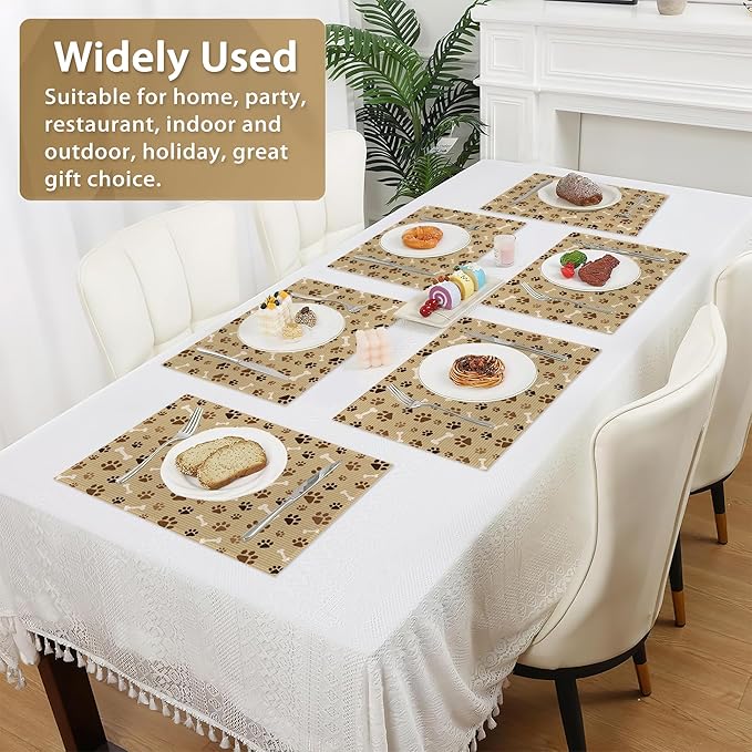 Dog Cat Paw Print Bones Placemats Set of 6,12x18 Inch Table Mats for Kitchen Table Washable Farmhouse Linen Table Mats Dining Decoration