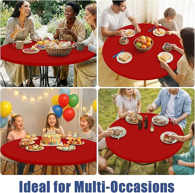 Round Spandex Christmas Tablecloth 2 Pack, Elastic Fitted Waterproof Tablecloths for 45"-56" Tables, Stretch Washable Picnic Table Cover for Camping, Dining, Indoor and Outdoor, Red