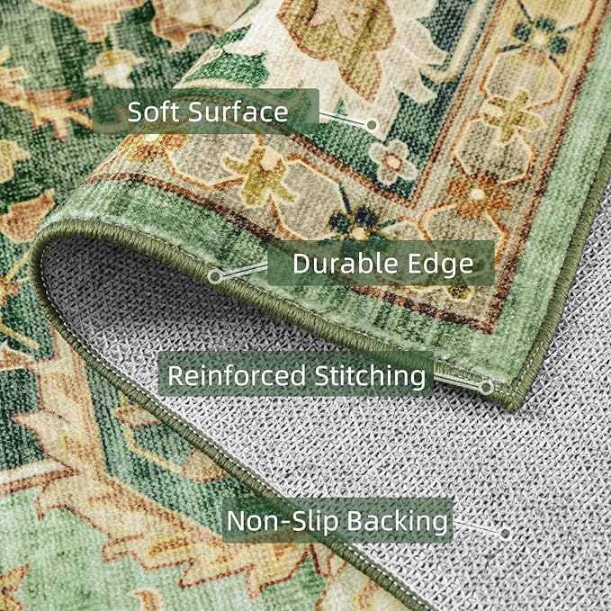 10x12 Green Rugs for Living Room Bedroom, Washable Area Rugs Non Slip Large Rug for Dining Room Office, Floor Decoration Vintage Boho Big Rug Carpet Low-Pile Kid & Pet Friendly