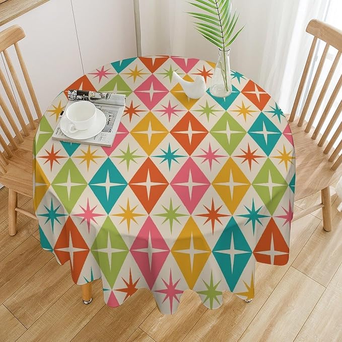 Abstract Geometric Round Tablecloth, Mid Century Retro Abstract Vintage Tablecloth for Home Party Dining Room Kitchen Decor 60Inch(152cm)
