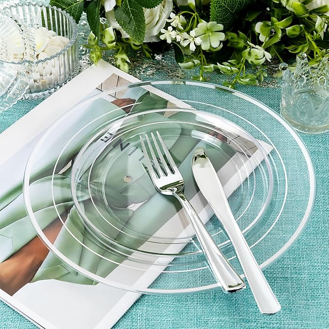 I00000 60PCS Silver Plastic Plates, Clear Plates with Silver Rim 10 Inch, Ideal for Weddings, Parties,Birthday