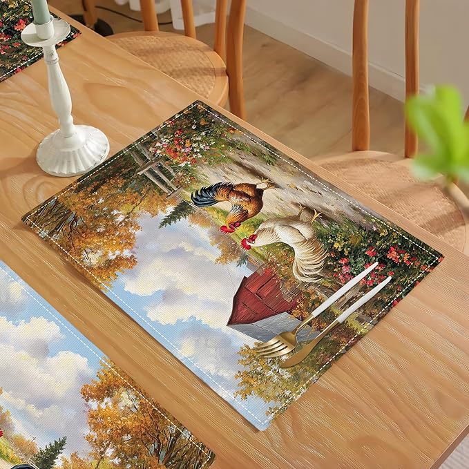 Farmhouse Rooster Placemats Set of 6, Farm Chicken Place Mats, Rustic Farm Coop Waterproof Washable Table Mats for Home Party Indoor Kitchen Dining Table Decoration 12x18 Inch