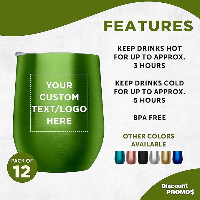 Custom Stemless Wine Glass Tumblers with Lids by Largo 11 oz. Set of 12, Personalized Bulk Pack - Perfect for Wine, Cocktails, Other Hot & Cold Beverages - Lime Green