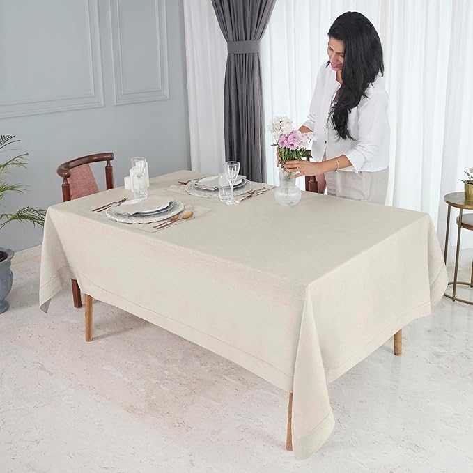 D'Moksha Homes Light Natural Linen Tablecloth for Rectangle Tables 60 x 102 Inch - Classic Hemstitch 100% Pure Linen Natural Table Cloth - Machine Washable Dining Tablecloth for Valentines, Easter