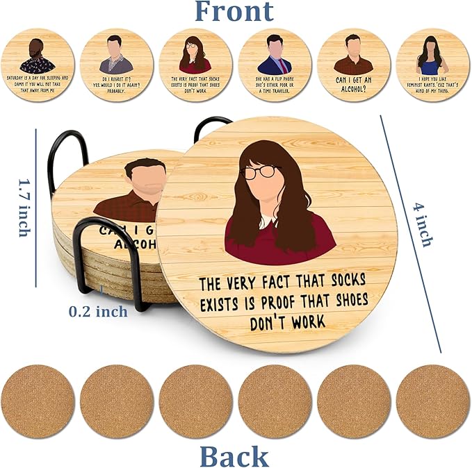 New Girl Cork Coasters Set of 6, Funny Novelty Coasters for Drinks Absorbent with Holder Cup Desk Office Table Kitchen Decor accessories House Warming Gifts for New Home Couples,Round 4 Inch