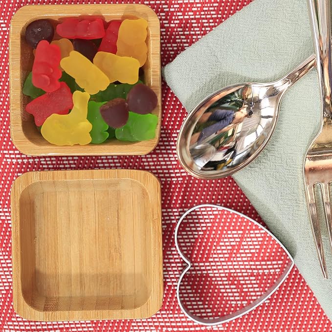 Snack Bowl Set, Small Bamboo Sauce Dish Dipping Bowls for Appetizers, Dips, Sauce, Nuts, Candy, Olives, Seeds, Desserts and More, Square 1.4 oz