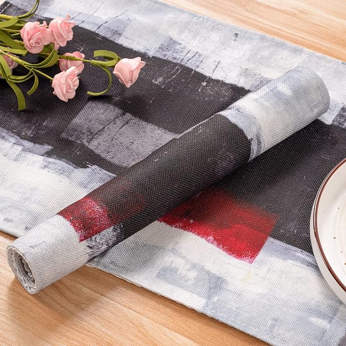 Red and Grey Modern Art Placemats Set of 4, Heat Resistant Non-Slip Artwork Dining Placemats, Washable Place Mats for Home Kitchen (Red and Grey, 18"X12")