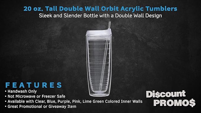 DISCOUNT PROMOS Tall Orbit Acrylic Tumblers 20 oz. Set of 10, Bulk Pack - Perfect for Iced Coffee, Soda, Other Hot & Cold Beverages - Clear