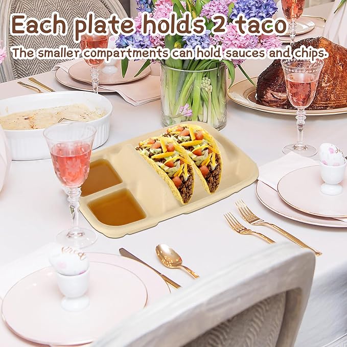 50 Pack Taco Plates Disposable With Dipping Sides - Biodegradable Cornstarch Taco Holder - Taco Stand for Taco Tuesday, Mexican Party, Picnics - Size Fit for 4-6 Inch Tortilla