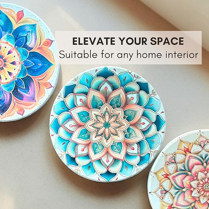 Ceramic Absorbent Coasters Set of 6 with Holder, Marble Drink Coasters for Coffee Table, Water-Absorbing Stone Coasters (Boho Mandala Design)