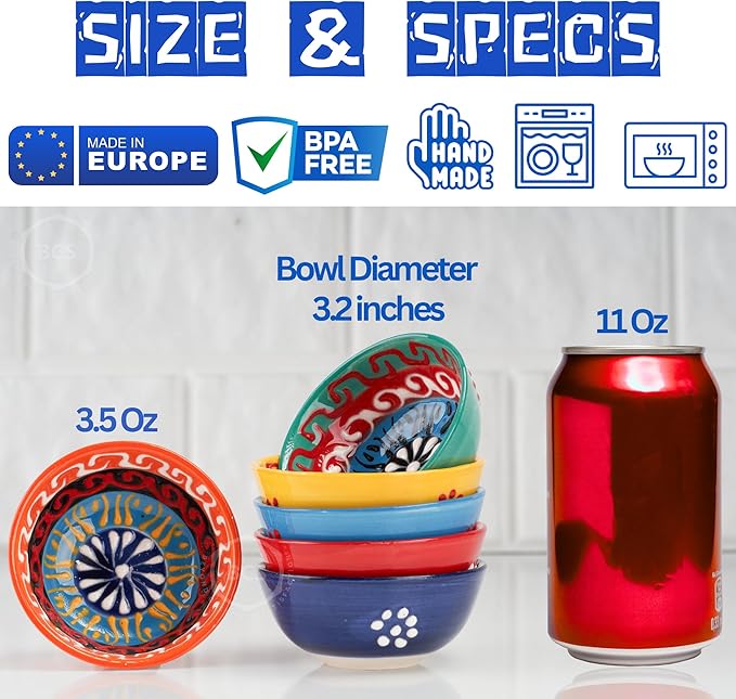 BCS Ceramic Salsa Bowls Set of 6 Small Pinch Bowls for Dipping, Cooking Prep & Charcuterie Board, Soy Sauce Dish, Multicolor Handmade Decorative Mini Serving Dishes Dishwasher Safe (3.2''-3 oz)