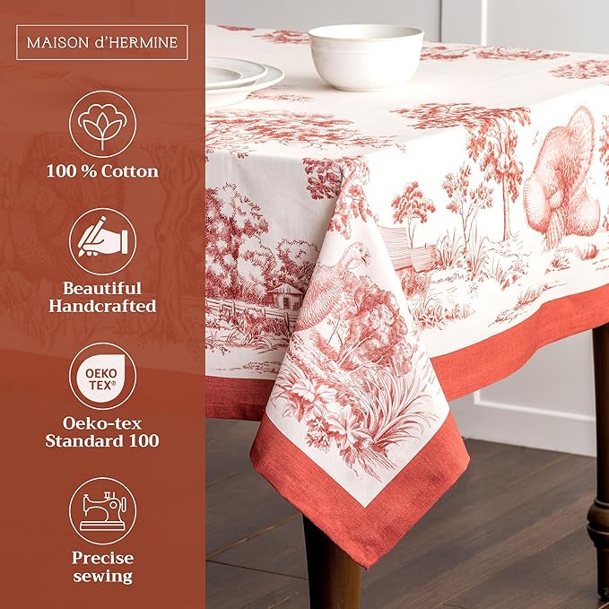 Maison d' Hermine Table Cloth Rectangle Table 100% Cotton 70 x 120 Inches Fall Tablecloth Reusable Everyday Use for Thanksgiving Christmas Decorations Dining Farmhouse Party (Holy Jouy - Red)
