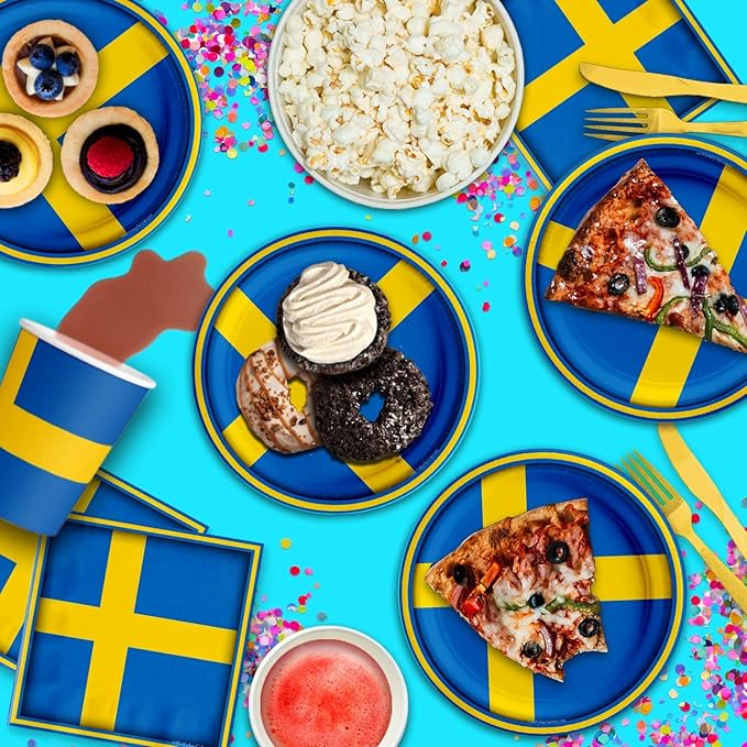 Swedish Flag Birthday Party Supplies Set Plates Napkins Cups Tableware Kit for 16