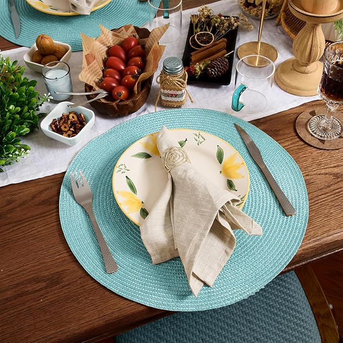 AHHFSMEI Round Braided Placemats 15 Inch Round Table Mats for Dining Tables Natural Woven Heat Resistant Place mats Set of 6 (Light Teal)
