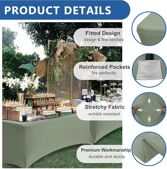Fitted Table Cover for 4ft Rectangular Tables-8 Pack Sage Stretch Spandex Tablecloths-Elastic Folding Tablecloths for Party, Vendor Booth Display, Banquet Buffet Event, Craft Trade Show