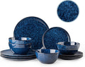 Plates and Bowls Sets, 12 Pieces Dark Blue Dinnerware Sets for Kitchen, Reactive Glaze Dishes Set for 4, Dishwasher and Microwave Safe, Series Starflecked Shore(Dark Blue)