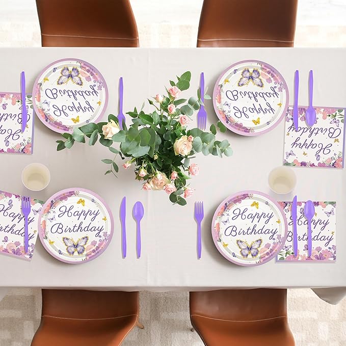 Kochorie 400 Pieces Butterfly Disposable Party Tableware Sets Including Plates Cups Napkins Cutlery Serves 50 for Butterfly-themed Party Birthday Baby Shower Girls Party Decorations