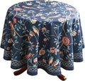 patdrea Designer Dark Blue Linen Round Tablecloth,Vintage Navy French Floral and Birds Pattern Table Cloth,Decoration Table Cover for Kitchen,Dining,Tea Party,Home,Christmas,Diameter 67"