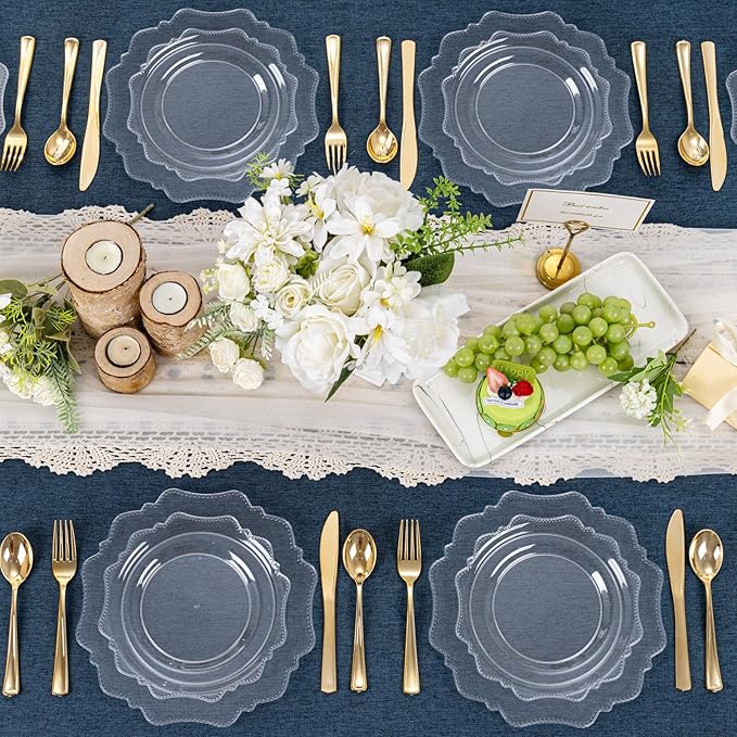 COLOSUS 60pcs Clear Plastic Plates Disposable -Heavy duty Plastic Party Plate set Include 30 dinner plates and 30 dessert/salad plates for Party/Wedding