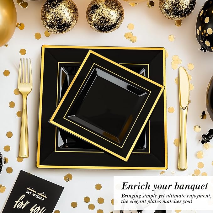Goodluck 100 Black Pack Square Plastic Plates With Gold Rim, Heavy Duty 50 Dinner Plates 9.5" and 50 Dessert Plates 6.5", Fancy Disposable Plates for Wedding, Holiday Party, Birthday, Halloween
