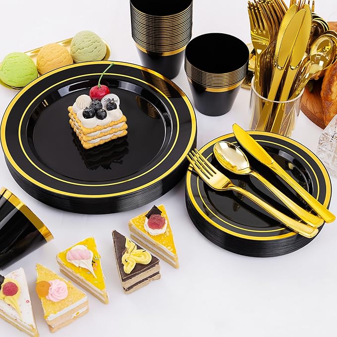 WELLIFE 300 PCS Black and Gold Dinnerware Set for 50 Guests, Disposable Plastic Plates for Party, Gold rimmed Plastic Dinner Plates,Salad Plates,Cups,Silverware Set for Halloween Party Supplies