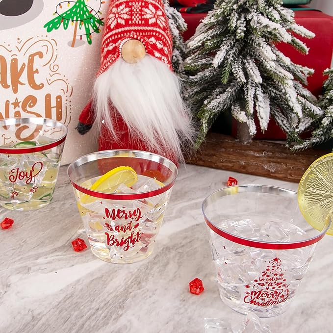 I00000 60PCS Christmas Red Plastic Cups Christmas Disposable Cups 9 Oz Plastic Holiday Cup Wine Glasses Red Rim Clear Cocktail Cups Tumblers Clear Drinking Glasses for Xmas Parties