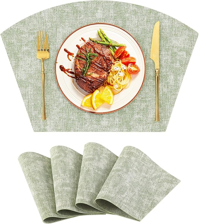 Homaxy Round Table Placemats Set of 4, Washable Wedge Shaped Faux Leather Table Mats, Wipeable Kitchen Dinner Place Mats for Indoor Outdoor, Grass Green