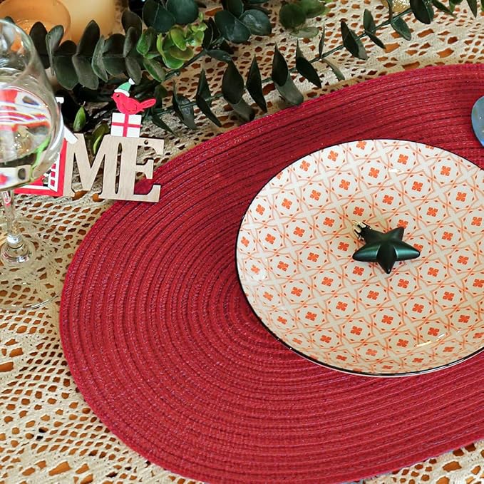 Noctiflorous Oval Braided Placemats Set of 4 Woven 12x18 Inch Non Slip Washable Heat Resistant Place Mats Round Tablemats for Dining Kitchen Party Daily Table Decor Dinner Mats (Red, 4)