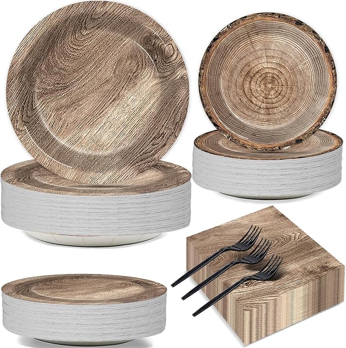 200Pcs Rustic Wooden Tree Party Supplies Paper Plates Napkins Lumberjack Camping Hunting Theme Birthday Party Decorations for Kids Hunting Serves 50