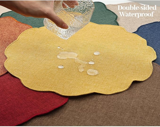AHHFSMEI Round Faux Linen Placemats Set of 8 Waterproof Table Mats Heat Resistant Non-Slip and Stain Proof for Kitchen Dining Elegant Decor (Yellow,8)
