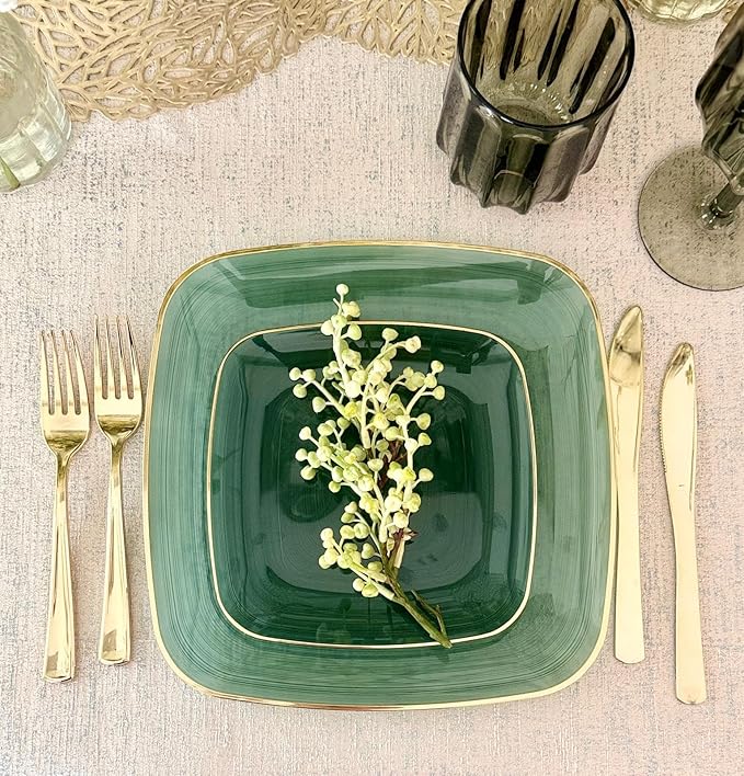 " OCCASIONS " 120 Plates Pack,(60 Guests) Premium Wedding Party Disposable Plastic Plates Set -60 x 10'' Dinner + 60 x 7'' Salad/Dessert (Belize Square in Green & Gold)
