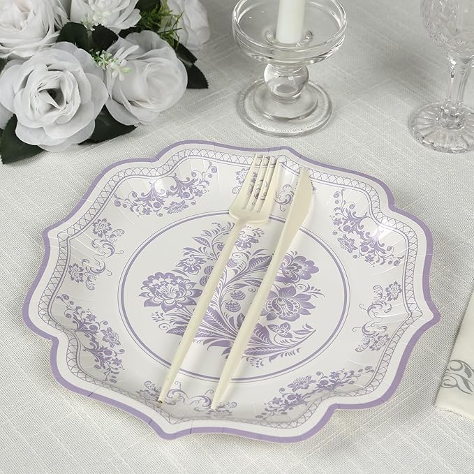 50 Pack 10" White Lavender Lilac French Toile Dinner Plates, Disposable Round Paper Party Plates 300 GSM for Festive Table Decoration
