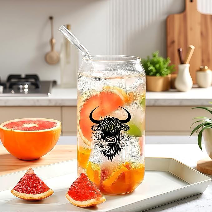 Cute Highland Cow Glass Cup With Lids And Straws, Highland Cow Gift For Women, Iced, Coffee, Smoothie, Cocktail, Beer, Whiskey, Soda, Matcha,16 Oz, Home Office Table Desk Decoration!