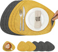 Placemats and Coasters, Washable Reversible Placemats Round Faux Leather Wipeable Place Mats Non Slip Heat Resistant Indoor Outdoor Table Mats (Set of 6, Gray Yellow)