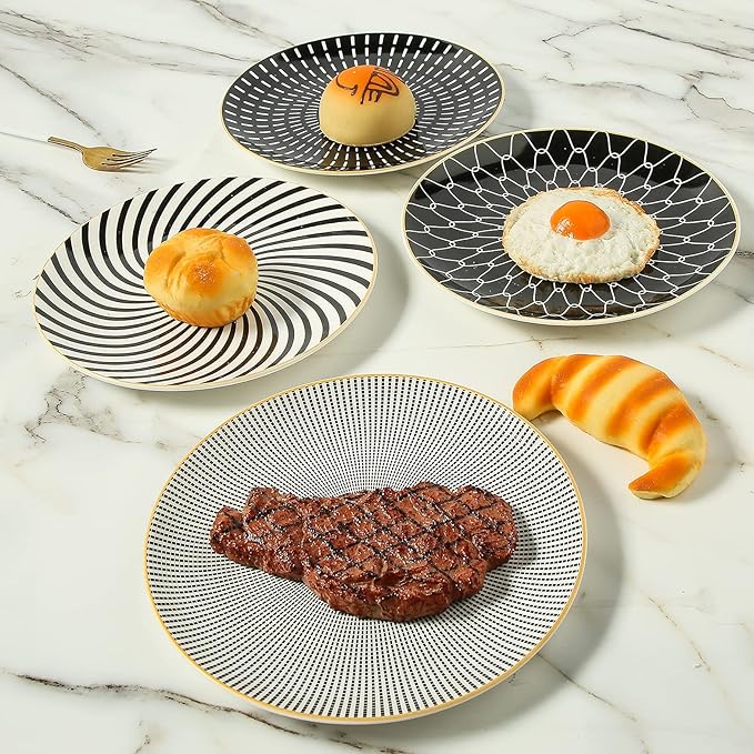 8 Inch Set of 4 Assorted Designs, Porcelain Plates With Patterns,Black Ceramic Dessert Plates, Dishware with Golden Rim for Sandwiches Salad Pasta, Microwave Oven Dishwasher Safe (A)