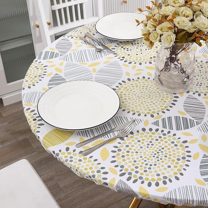 Walrus Round Vinyl Fitted Tablecloth with Flannel Backing Elastic Edge Design Table Cover Waterproof Oil-Proof PVC Table Cloth Stain-Resistant Best for 45"-56" Round