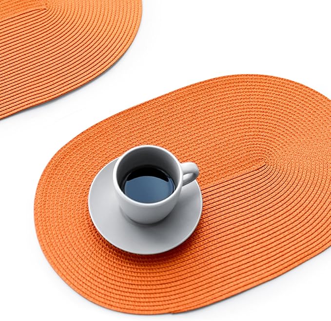 FunWheat Oval Braided Placemats Set of 6 Table Mats for Dining Tables Woven Washable Non-Slip Shining Place mats12x18 Inch Table mats for Indoor Outdoor Use(Oval Orange, 6pcs)