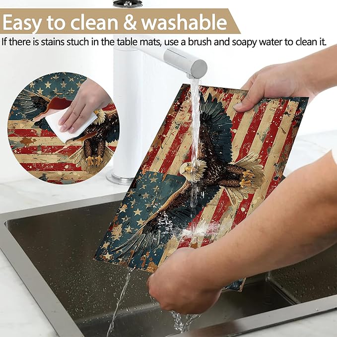 American Flag 12x18 Inch Placemats Set of 6 - Waterproof, Retro Eagle Non-Slip & Washable Table Mats for Kitchen & Dining Table Placemats