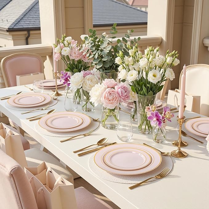 175PCS Pink plastic Plates - Pink Disposable Plates 25Guests Disposable Dinnerware Sets with Rolled Napkins for Wedding/Birthday/Easter/Baby Shower
