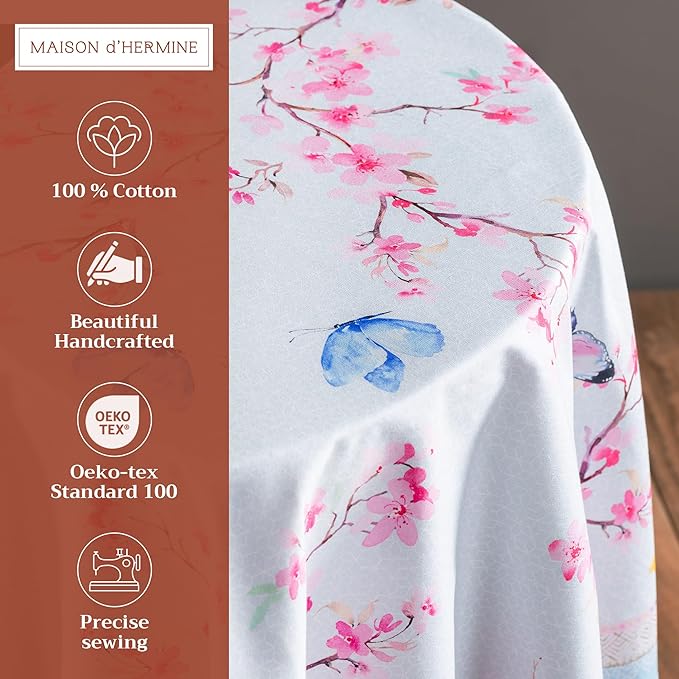 Maison d' Hermine Table Cloth Round Table 100% Cotton 69 Round Inches Tablecloth Reusable Decorative for Dining Room Farmhouse Home Valentines Day Decorations Spring Summer - Blossoms in Spring