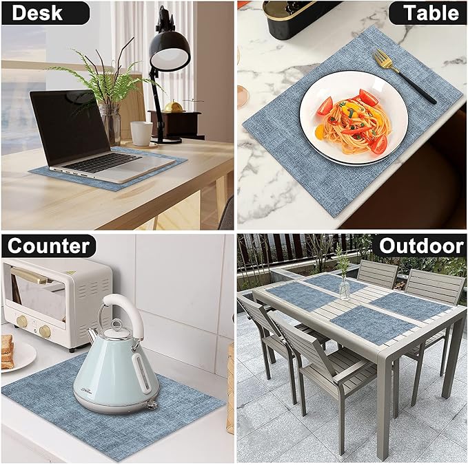 Leather Heat Resistant Placemats Set of 6 Waterproof Wipeable Washable PU Table Mats,Easy to Clean Anti-Slip Place Mats (Blue, 6)