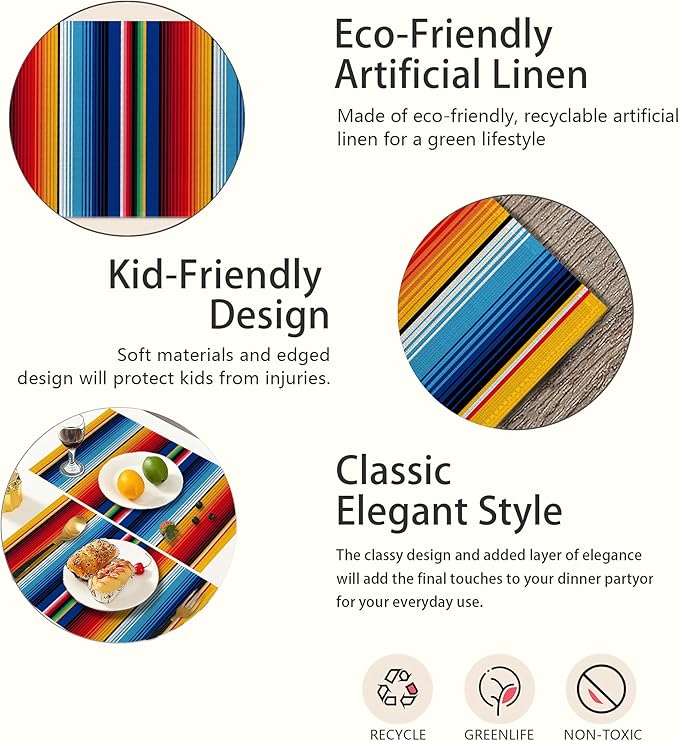 Rainbow Colorful Stripe Mexican Placemats Set of 6,Ethnic Mexican,Waterproof Non-Slip Washable Table Mats Set for Kitchen Dining Holiday Party Wedding Decor 12x18 Inch