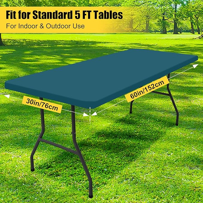 Smiry Rectangle Picnic Table Cloth, Waterproof Elastic Fitted Tablecloths for 5 Foot Tables, Washable Polyester Table Cover for Camping, Indoor and Outdoor (Peacock Blue, 30"x60")