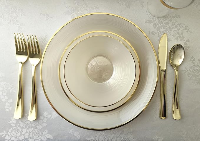 " OCCASIONS " 120 Plates Pack,(60 Guests) Premium Wedding Party Disposable Plastic Plates Set -60 x 10'' Dinner + 60 x 7'' Salad/Dessert (Belize in Ivory & Gold)