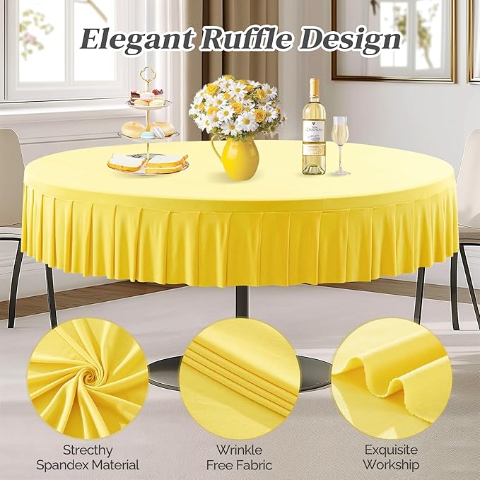 2 Pack Yellow Spandex Round Tablecloths for 60 inch Table, Stretchy Fitted 5FT Round Table Cloths with Wrinkle Free Skirt for Wedding Party Dining Banquet