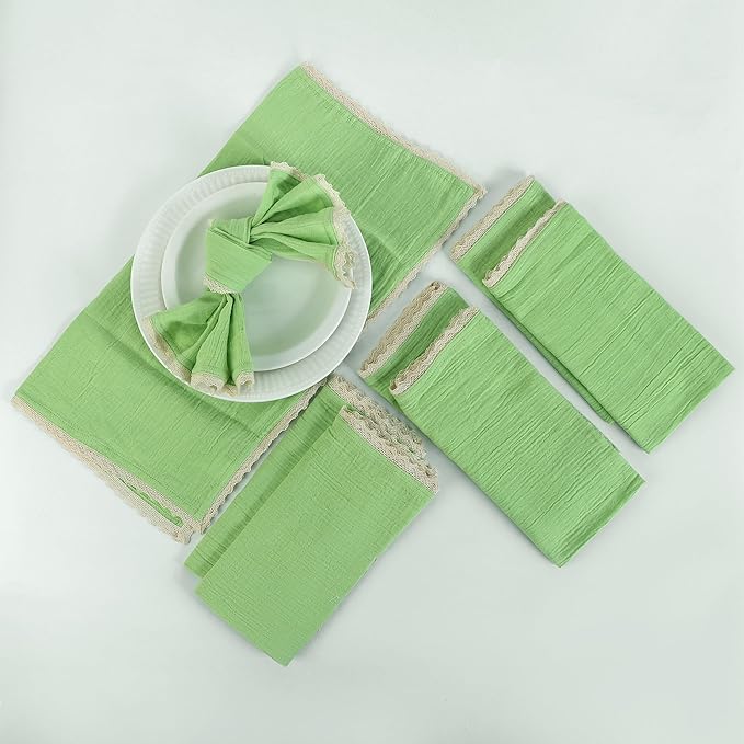 Fingercraft Dinner Cloth Napkin Cotton Muslin Double Gauze 8 Pack with Classic Lace for Everyday Use, Wedding, Party, Christmas, Easter Napkins Cloth are Pre Shrunk and Good Absorbency Lettuce Green