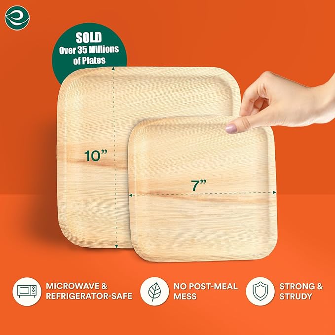 ECO SOUL Palm Leaf Square Plates 7" & 10" (200 Count) Compostable|Biodegradable| Eco-Friendly Disposable Party Plates for Appetizers - Dinner Parties, Wedding, Events & Camping Essentials