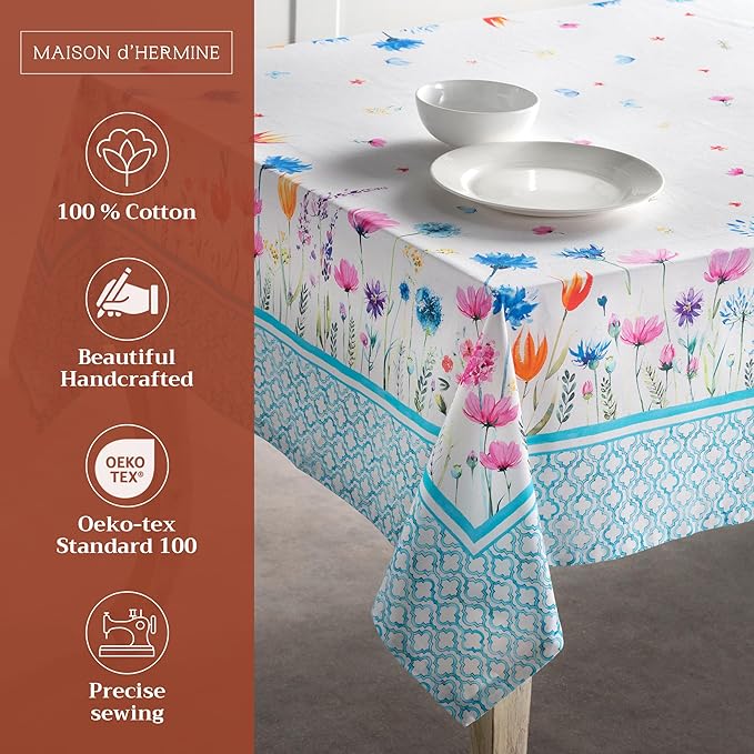 Maison d' Hermine Table Cloth Rectangle Table 100% Cotton 60 x 120 Inches Tablecloth Reusable Decorative for Dining Room Farmhouse Home Valentines Day Decorations Spring Summer - Flower in The Field