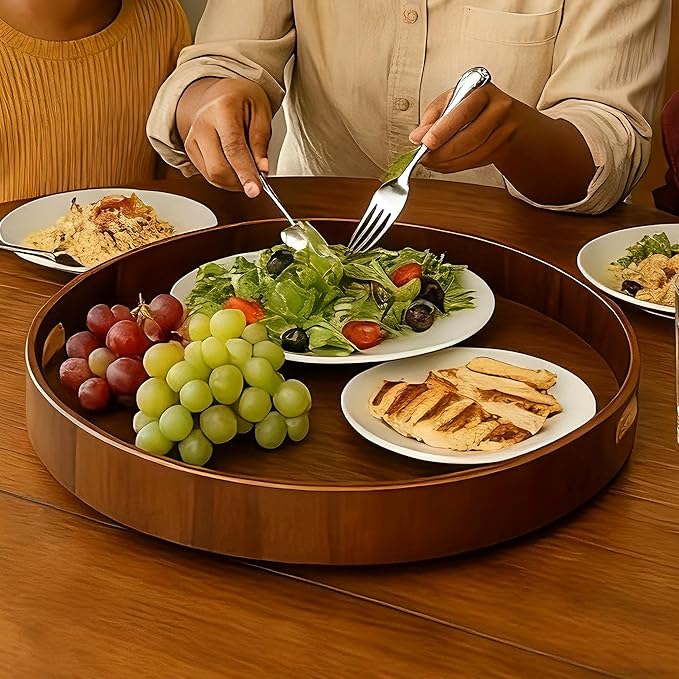 i-lan 16-inch Walnut Lazy Susan – Quiet Rotating Wooden Turntable with Dual Handles & Non-Slip Base, Kitchen Dining Organizer and Gift for Housewarming Special Occasions